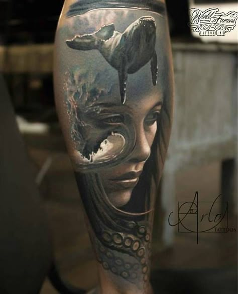 Artist Arlo DiCristina produces hyperrealistic paintings on an unlikely canvas—the skin. With an incredible attention to detail and an active imagination, Arlo Tattoo, Arlo Dicristina, Tato 3d, Tatoo 3d, Hyper Realistic Tattoo, Sea Tattoo, Tattoo Trend, Epic Tattoo, Geniale Tattoos