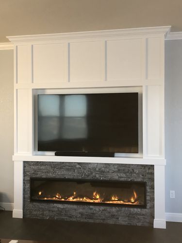 Eye Level Tv Fireplace, Linear Fireplace With Tv Above Farmhouse, Electric Fireplace Ideas With Tv And Sound Bar, Whimsical Craftsman, Electric Fireplace Under Tv, Recessed Tv Over Fireplace, Fireplace Under Tv, Dimplex Ignite Xl, Large Electric Fireplace