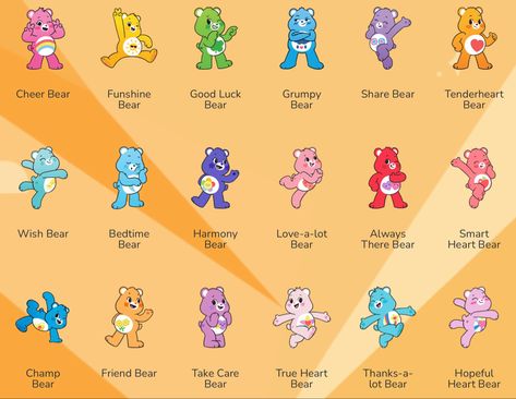 All Care Bears, All The Care Bears, Carebear Halloween Costumes, Care Bears Name, Care Bears Characters Names, Original Care Bears, Care Bears All Of Them, Care Bears Names And Colors, List Of Care Bears