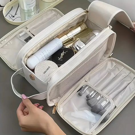 Women's Multifunctional Cosmetic Bag Large Capacity Portable Travel Makeup Brush Toiletries Storage Bag - Bags & Luggage - Temu Makeup Brush Bag, Large Makeup Bag, Leather Cosmetic Bag, Elegante Y Chic, Travel Storage Bag, Stylish Storage Solutions, Wallet Organization, Travel Storage, Toiletry Storage