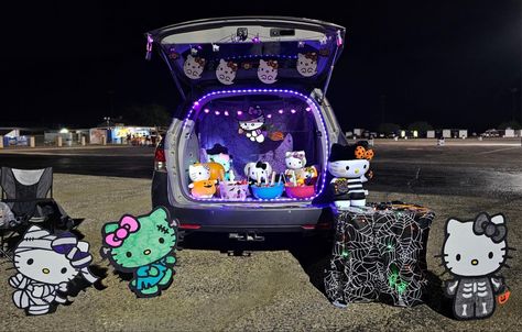 Not my photo. Found on fb: Jackie Garcia Hawkins Sanrio Trunk Or Treat, Trunk Or Treat Hello Kitty, Cat Trunk Or Treat Ideas, Hello Kitty Trunk Or Treat Ideas, Squishmallow Trunk Or Treat, Hello Kitty Trunk Or Treat, Trunk Or Treat Ideas For Cars, Trunker Treat Ideas, Halloween Houses