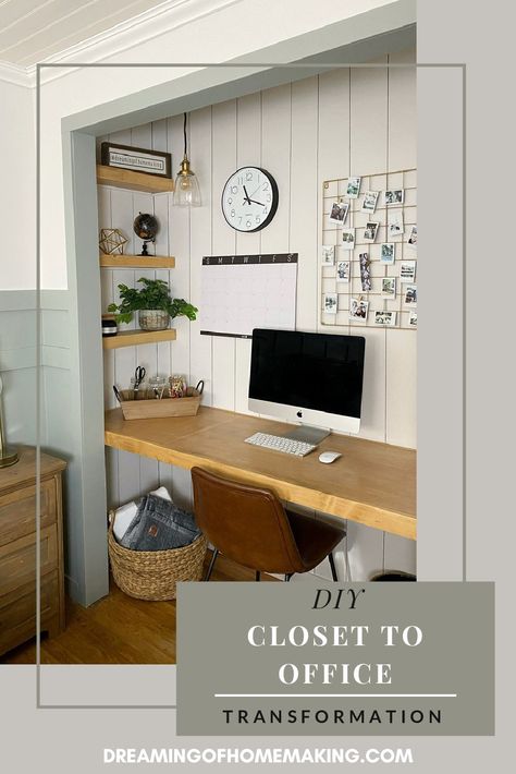 Bench Desk Office, Diy Closet To Office, Closet To Office Conversion Desks, Closet Office Ideas Small Diy, Closet Made Into Office, Diy Desk In Closet, Closet To Office Diy, Office Desk In Closet, Desk Closet Ideas