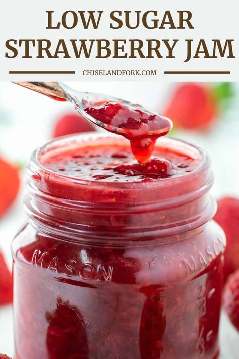 With just four ingredients, this homemade strawberry jam recipe couldn't be easier to make and has less sugar than the jams you buy in the store. #strawberryjam #homemadestrawberryjam #homemadejam #jamrecipe | chiselandfork.com Low Sugar Strawberry Jam Recipe, Low Sugar Jam Recipes, Strawberry Jams, Sugar Free Strawberry Jam, Strawberry Ice Cream Recipe, Strawberry Jam Recipe, Jam Recipes Homemade, Homemade Strawberry Jam, Garden Cooking