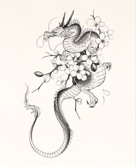 Dragon Cherry Blossom Tattoo, Cherry Blossom Dragon Tattoo, Dragon With Cherry Blossoms, Cherry Blossom Dragon, Dragon Tattoo Sketch, Dragon Tattoo For Women, Snake Tattoo Design, Scary Tattoos, Japanese Mythology