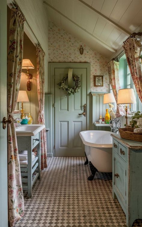 Bathroom Design Cottagecore, Bathroom English Cottage, Old Cottage Bathroom, Southern Gothic Bathroom, Grandma Core Bathroom, Grandmacore Bathroom, English Cottage Bathroom Ideas, Blue Vintage Bathroom, Bathroom Ideas Cottage