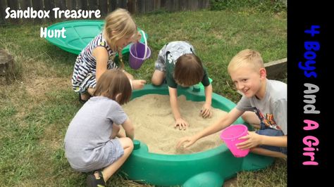 Sandbox treasure hunt. Video by 4BoysAndAGirl on youtube. Sandbox Treasure Hunt, Sandbox Toys, Pirate Ship Sandbox Diy, Sand Box Toys For Kids, Old Boat Sand Boxes, Kids Youtube Channel, Treasure Hunt Games, Sandbox, Youtube Kids