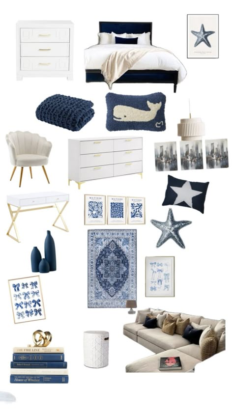 Cute Blue Dorm Room Ideas, Boat Room Aesthetic, Navy Room Decor Aesthetic, Navy Blue And Gold Bedroom Decor, Navy Themed Bedroom, Room Ideas Aesthetic Blue And White, Navy Blue Coastal Bedroom, Stockholm Bedroom Ideas, Bedroom Ideas Grey And Blue