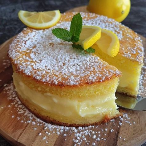 Ina Garten Recipes 🍟🍜🍕 | Lemon Custard Cake is a luscious and tangy dessert that perfectly balances the zesty brightness of lemons with the velvety richness of custard | Facebook Lemon Custard Cake Recipe, Lemon Curd Recipe Desserts, Lemon Custard Cake, Custard Cakes, Gf Cake, Lemon Breakfast, Custard Cake Recipes, Lemon Pudding Cake, Citrus Recipes