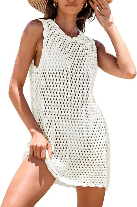 ANRABESS Womens Swimsuit Cover Up Sleeveless Knit 2024 Summer Outfits Swimwear Bathing Suit Coverup Crochet Beach Dress White X-Large at Amazon Women’s Clothing store Summer Outfits Swimwear, Womens Swimsuit, Bathing Suit Coverup, Crochet Swimsuit, Crochet Beach Dress, Summer Bathing Suits, Top Moda, Sleeveless Knit, Bathing Suit Cover Up