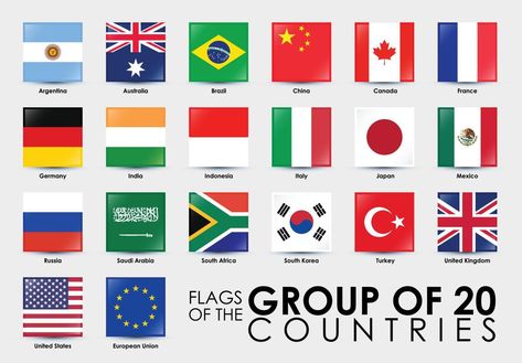 Flags of the G20 Countries Vector illustration. Square shaped flags G20 Country Flags, G20 Illustration, G20 Countries, United Kingdom Flag, Flags Of The World, Aesthetic Design, Country Flags, Vector Art, Vector Free