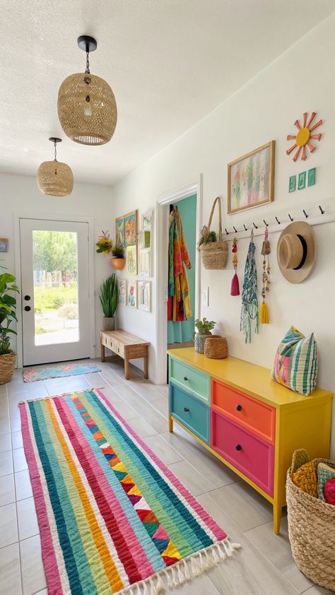 Boho Entryway Ideas Boho Whimsical Decor, Boho Entryway Ideas, Painted Console Table, Boho Entryway, Colourful Living Room Decor, Entryway Inspiration, Casa Vintage, Deco Boheme, Statement Lighting