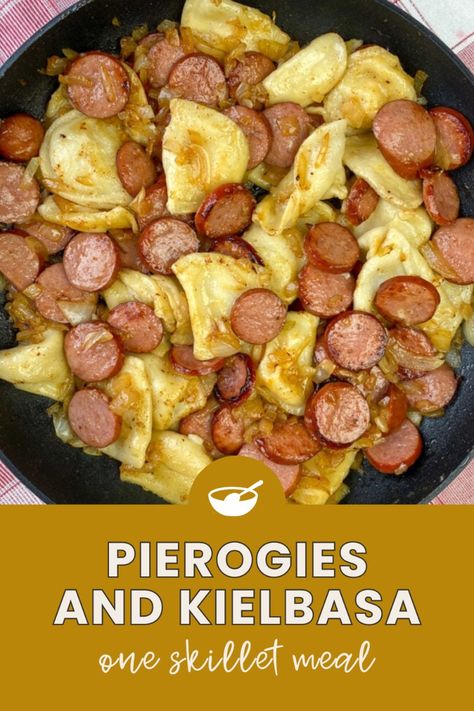 Browned onions in butter make a simple sauce for this easy one skillet meal with Polish origins of Pierogies and Kielbasa.  Dinner doesn’t get much better than potato and cheese stuffed mini Pierogi served with warm smoked sausage or Kielbasa! Quick and Easy!!! Rice Kielbasa Recipes, Perogies And Kielbasa, Pierogies And Sausage, Kielbasa Dinner, Pierogies And Kielbasa, Supper Casseroles, Bake Sausage In Oven, Polish Sausage Recipes, Kabasa Recipes