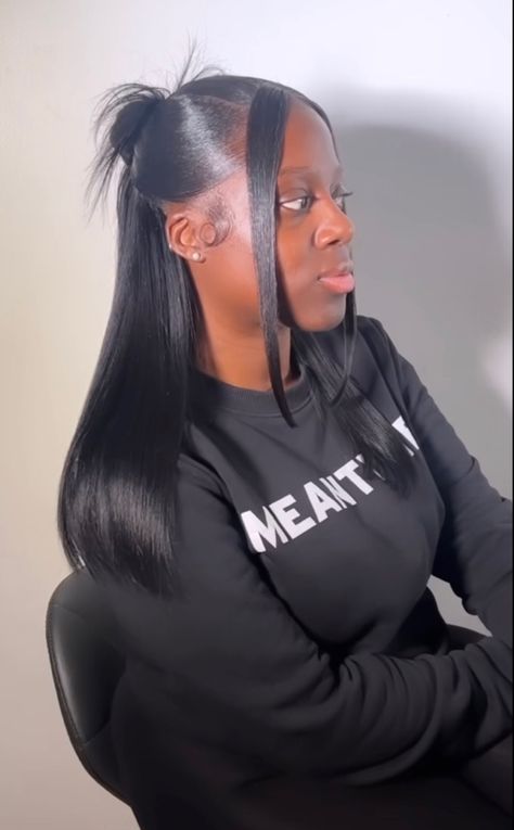 Half Up Half Down Hair Black Women Y2k, Half And Half Quick Weave, Half Up Half Down Hairstyles With Weave, Low Half Up Half Down Hair Black Women, Pressed Hairstyles, Sleek Ponytail Hairstyles, Frontal Wig Hairstyles, Straight Weave Hairstyles, Black Ponytail Hairstyles