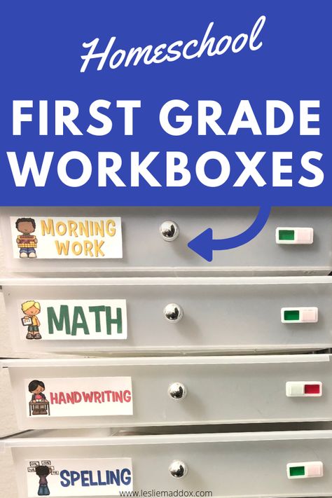 Homeschool Workboxes for First Grade - Leslie Maddox Homeschool For 1st Grade, Workboxes Homeschool, Homeschool Workboxes, Homeschooling 1st Grade, Workbox System, Homeschool First Grade, Curriculum Organization, Homeschooling Room, 1st Grade Learning