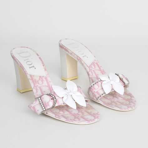 Pink Dior Heels, Pretty Heels, Dior Pink, Flower Embellishments, Cute Shoes Heels, Shoes Heels Classy, Vintage Sandals, Pink Monogram, Vintage Christian Dior