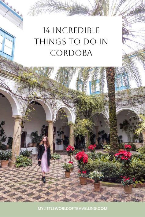 Pinterest pin that shows a woman in an andalusian patio in cordoba, spain. Spain Cordoba, Small Patio Decor, Cordoba Spain, Honeymoon Phase, Malaga Spain, Europe Trip, Andalusia, Spain Travel, Planning A Trip