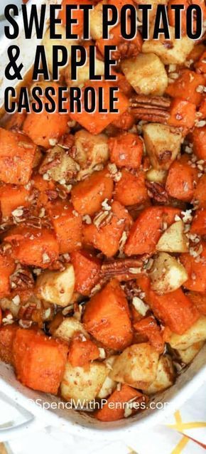 Sweet Potato and Apple Casserole is a delicious recipe that combines sweet potatoes, apples, pumpkin pie spice & brown sugar, baked & topped with pecans. Dinner Sweet Potato, Apple Casserole, Sweet Potato Apple, Apple Pumpkin Pie, Thanksgiving Side Dishes Healthy, Apple Pumpkin, Sweet Potato And Apple, Stuffed Sweet Potato Healthy, Dinner Side Dishes