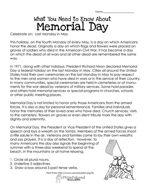 Memorial Day (free worksheet) | Squarehead Teachers. Repinned by SOS Inc. Resources pinterest.com/sostherapy/. Memorial Day Worksheets, Memorial Day Poem, Parts Of Speech Practice, Memorial Day Activities, Memorial Day Coloring Pages, Holiday Facts, Free Worksheets For Kids, Sequencing Worksheets, Florida History