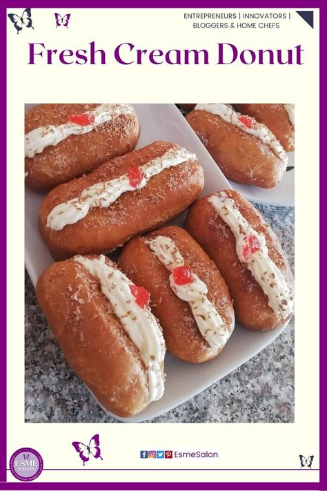 Try this super delicious and Easy Home-made Fresh Cream Donut. #donut #doughnuts #delicious #homemade #fresh #cream Entrepreneurs | Innovators | Bloggers Cream Donut Recipe, Doughnuts Easy, Cream Filled Donuts, Cream Donut, Cream Bun, Bunny Chow, Keto Donuts, Homemade Donuts Recipe, Jelly Cream