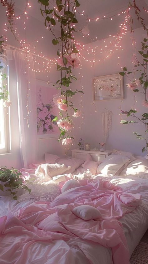 Pretty Room Ideas Aesthetic, Softie Room Decor, Soft Pink Aesthetic Room Decor, Bedroom Ideas Leaves, Pink Nature Room Aesthetic, Room Ideas Aesthetic Flowers, Pink Cottagecore Room Aesthetic, Pink Soft Room Aesthetic, Pink Room Luxury