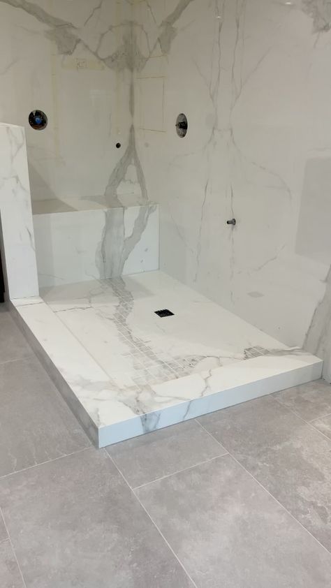 kona.stone on Instagram: Getting Creative ! 💡 To Be Continued....... • Master Shower !! • Full Slab cut into Tile Format ! 🚿 • Stone Type : Porcelain… Big Slabs Tile Bathroom, Porcelain Tile Shower Ideas, Full Slab Shower Walls, Porcelain Slabs Shower Walls, Shower Threshold, Barn Bathroom, Calcutta Marble, Master Shower, Quartz Slab