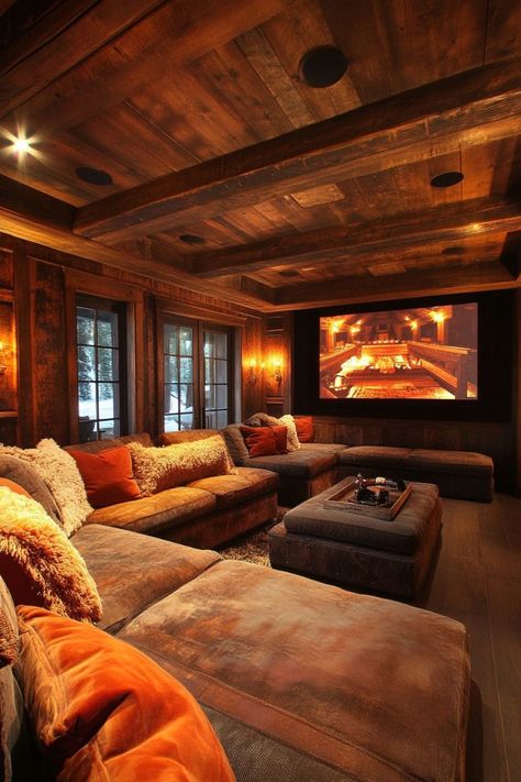 Create the Ultimate Movie Experience with Cozy Home Theater Ideas 🎬✨ Design a comfortable and stylish home theater for movie nights. Use plush seating, ambient lighting, and chic decor to create a cinematic atmosphere. 🌿🍿 #HomeTheater #CozyLiving #HomeDecor #MovieNight Cozy Home Theater, Home Theater Ideas, Home Theater Room Design, Theater Room Design, Log Cabin Living, Cabin Interiors, Home Theater Rooms, Cabin Living, Luxury Cabin