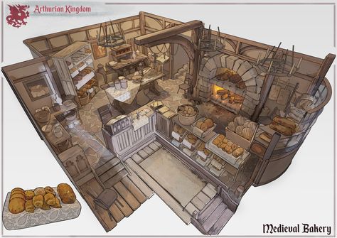 ArtStation - Arthurian Kingdom - Medieval Bakery, Oliver Medak Medieval Bakery, Interior Concept Art, Fantasy Rooms, Medieval Houses, Isometric Art, Fantasy House, Fantasy Map, Fantasy Concept Art, Visual Development