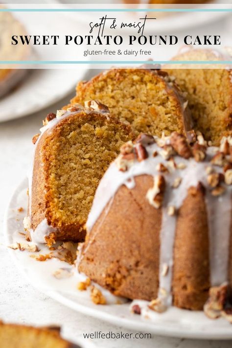 This gluten free & dairy free sweet potato poundcake is soft and moist with the perfect pound cake texture. No one will ever know it's gluten free. Sweet Potato Cake Vegan, Paleo Pound Cake, Gluten Free Pound Cake Recipe, Sweet Potato Scones Recipe, Random Desserts, Gluten Free Pound Cake, Fodmap Desserts, Sweet Potato Cake Recipe, Sweet Potato Pound Cake