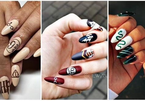 Fall Harry Potter Nails, Universal Nail Designs, Harry Potter Halloween Nails, Harry Potter Gel Nails, Harry Potter Nails Acrylic, Harry Potter Christmas Nails, Harry Potter Acrylic Nails, Harry Potter Nail Designs, Harry Potter Manicure