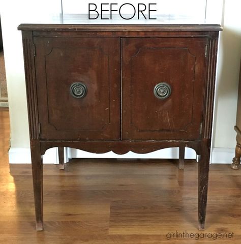 DIY record cabinet makeover repurposed to faux DIY card catalog with Chalk Paint - tutorial by Girl in the Garage Small Cabinet Makeover, Record Cabinet Makeover, Diy Card Catalog, Vintage Record Player Cabinet, Small Antique Cabinet, Sewing Cabinet Makeover, Small Side Cabinet, Entry Cabinet, Shabby Chic Cabinet