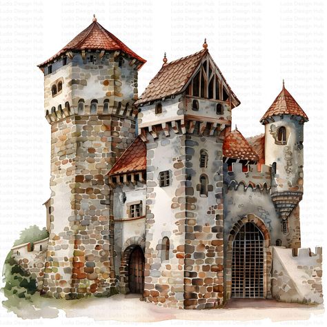 Medieval Castle Concept Art, Small Castle House, Medieval Castle Layout, Midevil Castle, Old Castles, Historical Illustrations, Castle Clipart, Castle Medieval, Vintage Castle