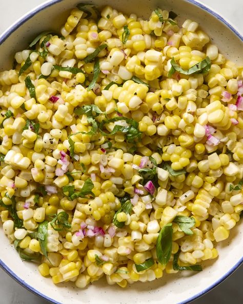 overhead shot of the Ina Garten corn salad recipe in a large bowl. Potluck Corn Dishes, Corn Side Salad, White Corn Salad Recipe, Thanksgiving Corn Salad, Easy Corn Salad Simple, Warm Corn Salad, Canned Corn Salad Recipe Easy, Fresh Corn Salad Recipe, Hot Corn Salad