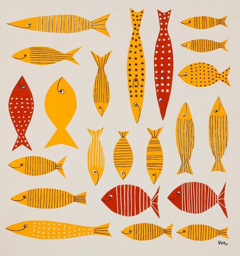 Vera Neumann, circa 1959. Current Design Trends, Mid Century Illustration, Vera Neumann, Pattern Design Inspiration, Retro Designs, Fish Design, Fish Art, Silk Painting, Ceramic Painting