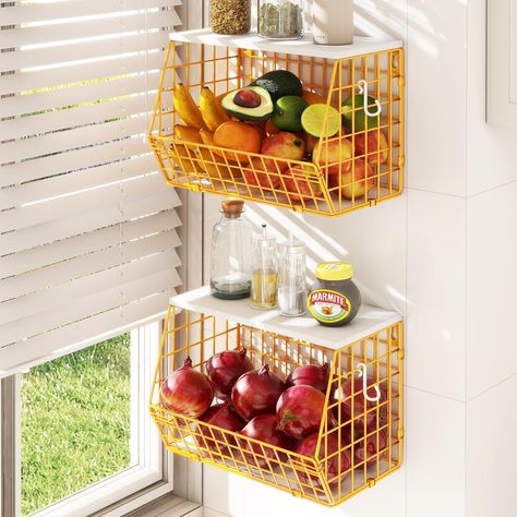 PRICES MAY VARY. 【Comprehensive Kitchen Countertop Organizer】Mefirt gold wall mounted wire basket with a wood lid, perfect for a variety of uses. From a produce basket to pantry organizer, it's ideal for kitchen storage and pantry organization. The size of the fruit basket is 11.8 inches x 7.9 inches x 8.5 inches 【Robust & Stylish Wall basket】Crafted from high-quality carbon steel , Mefirt fruit bowl for kitchen counter set is both sturdy and fashionable. The PE liner keeps items secure, Stackin Fruit And Veggie Storage, Veggie Storage, Fruit Basket Kitchen, Produce Basket, Gold Fruit, Stackable Baskets, Produce Baskets, Kitchen Basket, Tiered Fruit Basket