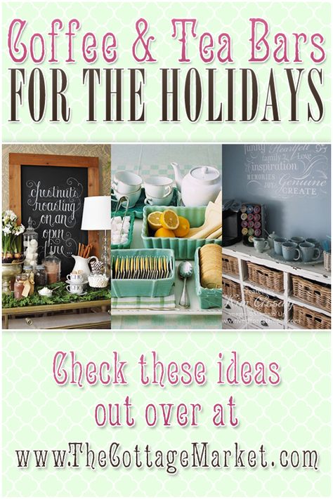 Coffee and Tea Bars for the Holidays - Cute ideas although many looked just staged.  (For example some have no counter space to mix cocoa or even hot water available.) Inspiring if impractical. Tea And Coffee Bar, Tea Bars, Coffee And Tea Bar, Tea Station, Holiday Tea, Coffee Party, Cottage Market, Coffee Bars, Christmas Guide