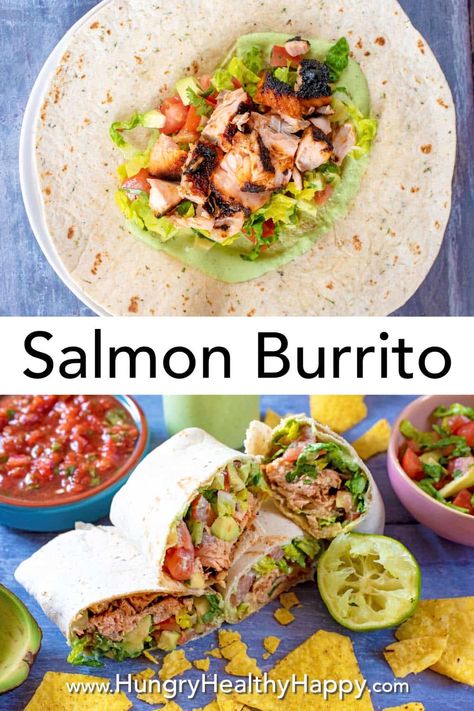 If you love the light and fresh flavours of fish tacos, then you are going to love these easy Salmon Burritos. Flakes of spicy grilled salmon on top of a crunch avocado salad, all wrapped up in a tortilla with a creamy coriander sauce. A tasty dish to feed a crowd. #burrito #mexicnafood #fishburrito #salmonrecipe Salmon Wrap Recipes Tortillas, Salmon Burritos, Salmon Wrap Recipes, Salmon Burrito Recipe, One Bite Snacks, Salmon Tortilla, Salmon Avocado Salad, Fish Burrito, Coriander Sauce