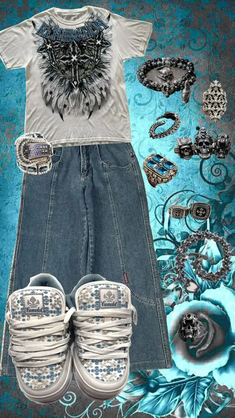 #cyan #sk8 #fitcyan #cyanfit#white #blue Blue Emo Clothes, Blue Cybercore Clothes, Emo Affliction, Soft Affliction, Blue Affliction Shirt, Pinterest Wardrobe, Cool Outfits For Men, Mood Pics, White Blue