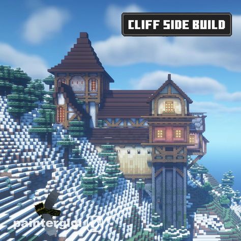 Minecraft House On Mountain Side, Side Of Mountain House Minecraft, Minecraft Winter Builds, Minecraft Mountain Base, Minecraft Mountain, Minecraft Japanese House, Minecraft Japanese, Minecraft Building Guide, Minecraft Steampunk