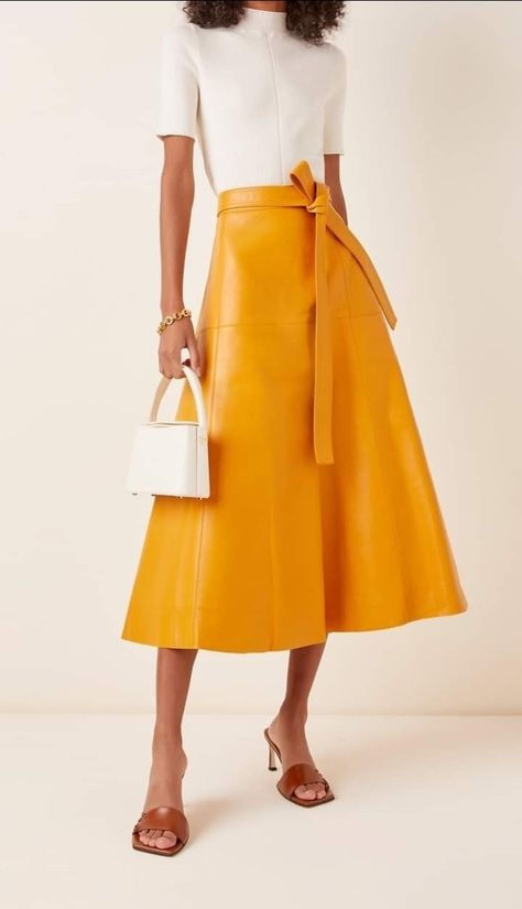 Yellow Leather Skirt, Nicole Freeman, Fashionable Skirts, Classic Dressing, Hotel Shoot, Conrad Hotel, Leather Skirt Outfit, 20s Style, Georgette Dress