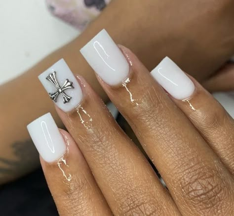 White Acrylics With Cross, White Short Nails Black Women, Short Milky White Nails With Rhinestones, Short White Acrylic Nails With Charms, All White Nails With Charms, Short Nails With Cross Charm, Short White Nails With Charms, White Acrylic Nails With Charms, White Short Nails With Rhinestones