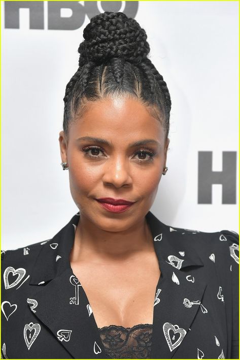 Sanaa Lathan With Braids, Feed In Braid Bun With Curly Hair, African American Bun Hairstyles, Sanaa Lathan Style, Canerow Hairstyles For Natural Hair, Updo Braids For Black Hair High Bun, Cornrows Updo Bun, Natural Braided Updo, Updo Braids For Black Hair