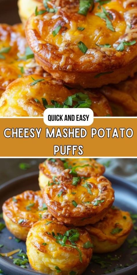 Cheesy Mashed Potato Puffs Mashed Potato Puffs Recipe, Mashed Potato Puffs, Mashed Potato Bites, Potato Appetizers, Potato Puffs, Mashed Potato Casserole, Fluffy Mashed Potatoes, Potato Patties, Cheesy Mashed Potatoes