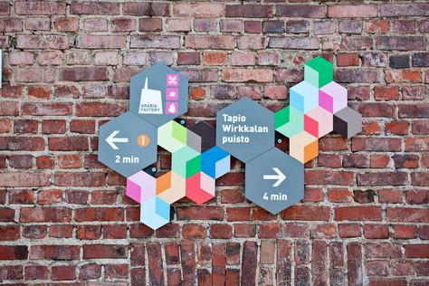 Destination branding for Arabia Helsinki by Pentagon Design Destination Branding, Wayfinding Signage Design, Office Signage, Wayfinding Signs, Directional Signage, Sign System, Wayfinding Design, Wayfinding System, Interior Signs