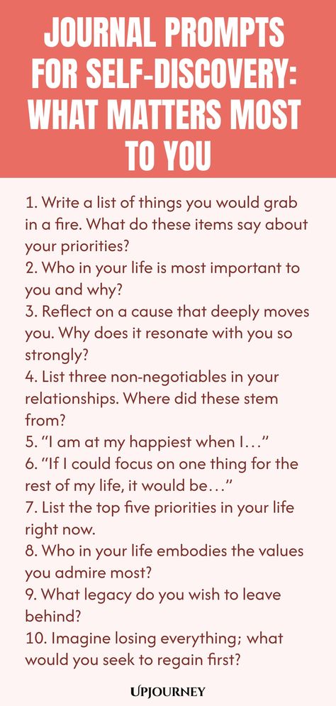 Explore your inner thoughts and values with these thought-provoking journal prompts for self-discovery. Reflect on what truly matters to you and delve deep into understanding your core beliefs and aspirations. Take some time for introspection and uncover the things that are most important in your life. Use these prompts to empower yourself, gain clarity, and embark on a journey of self-awareness. Strengthen your connection with yourself through journaling and discover a deeper sense of fulfillme Self Work Journal Prompts, Identity Journal Prompts, Therapy Writing, Counseling Interventions, Self Discovery Journal, Blocked Energy, Psychology Terms, Ap Psychology, Relationship Quizzes