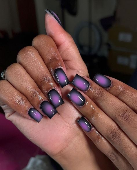 Short Acrylic Nails Black And Purple, Black And Purple Airbrush Nails, Purple And Black Birthday Nails, Purple And Black Aura Nails, Deep Purple French Tip Nails, Short Purple Halloween Nails, Black And Purple Chrome Nails, Pink Purple And Black Nails, Black And Purple Aura Nails