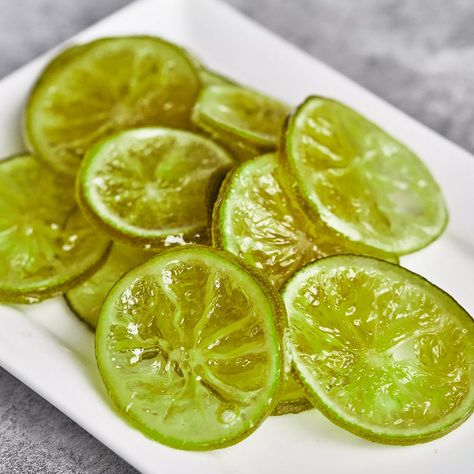 Candied Lime Slices Recipe | Sur La Table Candied Fruit Recipes, Fruits Recipes, Candied Lemon Slices, Candied Orange, Lime Recipes, Candied Lemons, Candied Fruit, Slices Recipes, Dehydrator Recipes