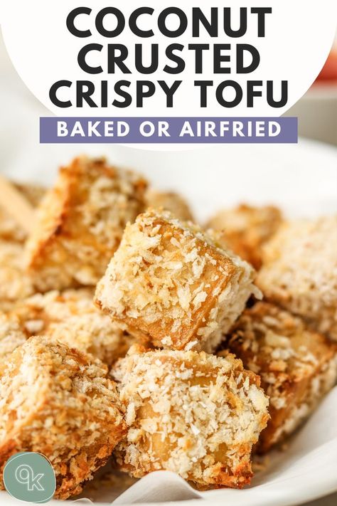 Elevate simple baked tofu with this crispy coconut crusted tofu recipe that can be made in the oven or air fryer! Easy to make and is delicious served solo with a sweet chili dipping sauce or tossed in salads and buddha bowls. Vegan + Gluten Free Option Coconut Tofu Recipes, Tuesday Meals, Coconut Crusted Tofu, Lent Food, Gluten Free Bagel Recipe, Simple Quinoa, Chili Dipping Sauce, Meatless Food, Tofu Dessert