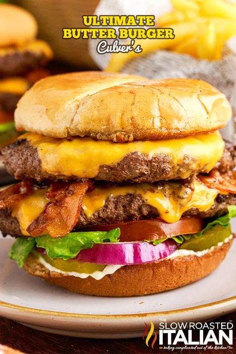 Wisconsin Butter Burger Recipe, Butter Burger, Picnic Side Dishes, Slow Roasted Italian, Butter Burgers, Chick Fil A Sauce, The Slow Roasted Italian, Bacon Tomato, Gourmet Burgers