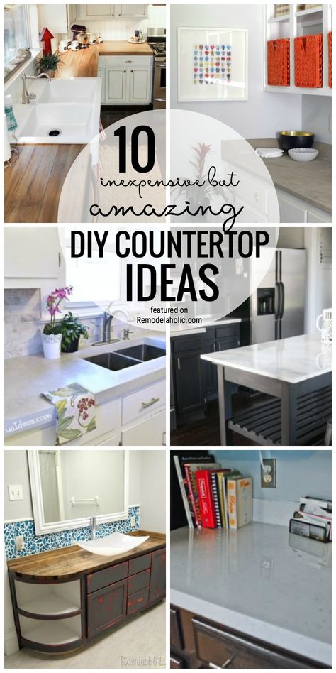 Get the look your want for countertops on a budget with one of these 10 inexpensive but amazing DIY countertop ideas featured on remodelaholic.com Diy Countertop Ideas, Inexpensive Kitchen Countertops, Affordable Kitchen Countertops, Cheap Kitchen Countertops, Diy Countertop, Diy Wood Countertops, Kitchen Countertop Options, Diy Kitchen Countertops, Cheap Countertops