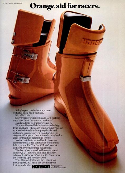 hanson | SKI 1973... Minimalist Sportswear, 1970s Ski Fashion, Vintage Snow Shoes, Ski Advertising, Vintage Ski Boots, Retro Skiing, Vintage Ski Lodge, Ski Shoes, Vintage Skis